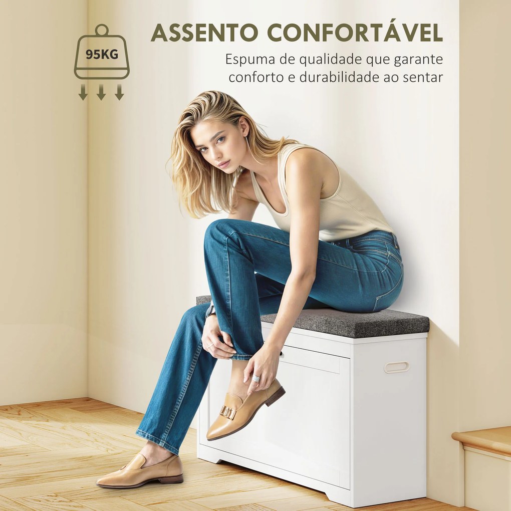 Banco Sapateira Moderno com Assento Acolchoado Prateleira Ajustável para 8 Pares de Sapatos 80x30x50 cm Branco