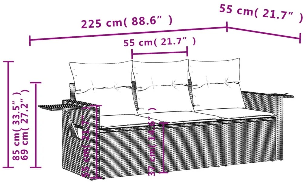 3 pcs conj. sofás jardim c/ almofadões vime PE cinzento-claro