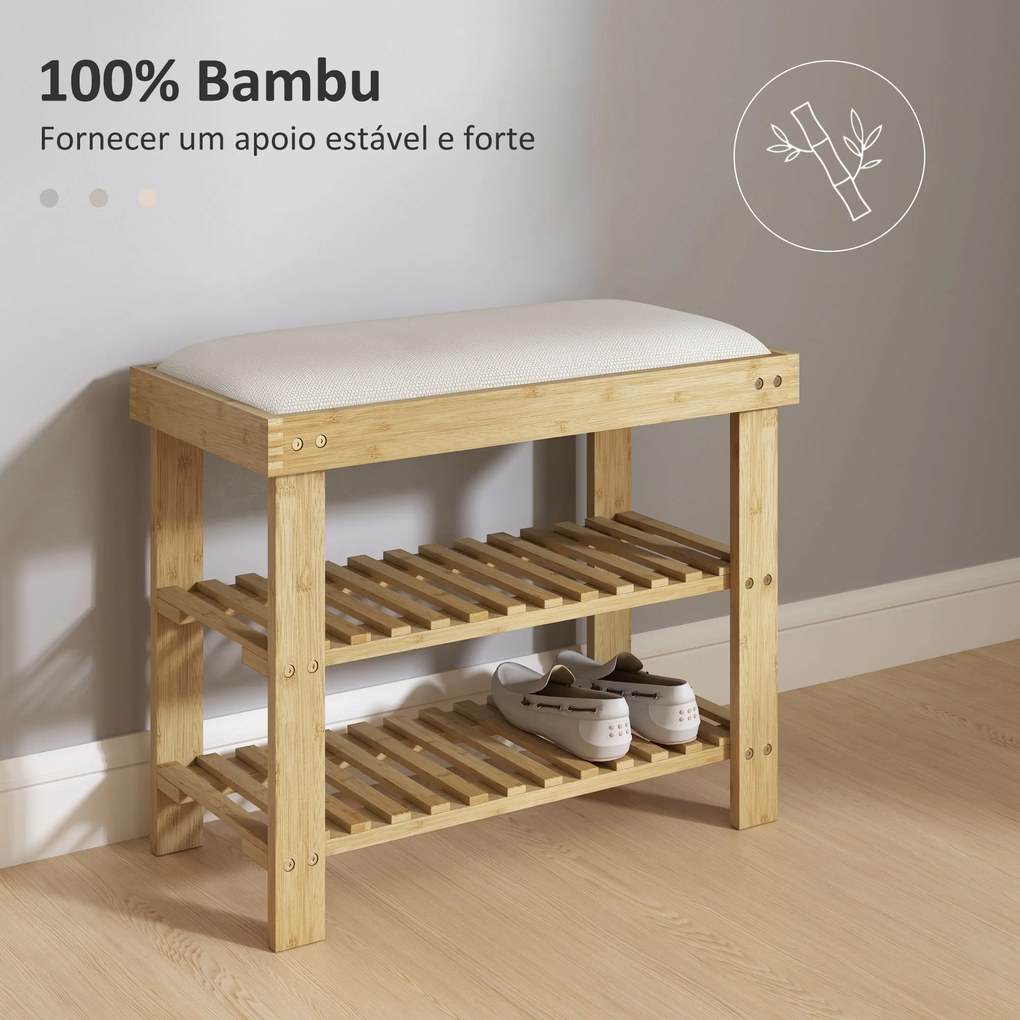 Banco Sapateira de Bambu Sapateira com Assento Almofadado 2 Prateleiras para 6 Pares de Sapatos 60x29x49 cm Madeira e Creme