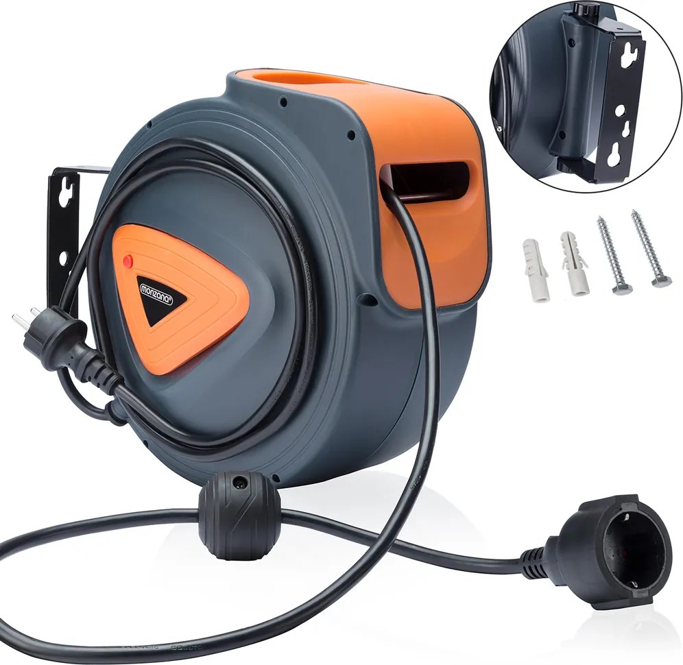 Enrolador automático com extensão eletrica de 15 m + 1,5 m de cabo de ligação 31 x 13,5 x 27 cm Cinzento + Laranja