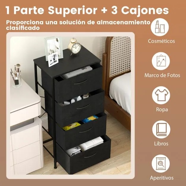 Comoda com 4 gavetas em tecido com tampa de 45 x 30 x 95 cm madeira Puxadores fáceis de puxar e estrutura metálica resistente preta
