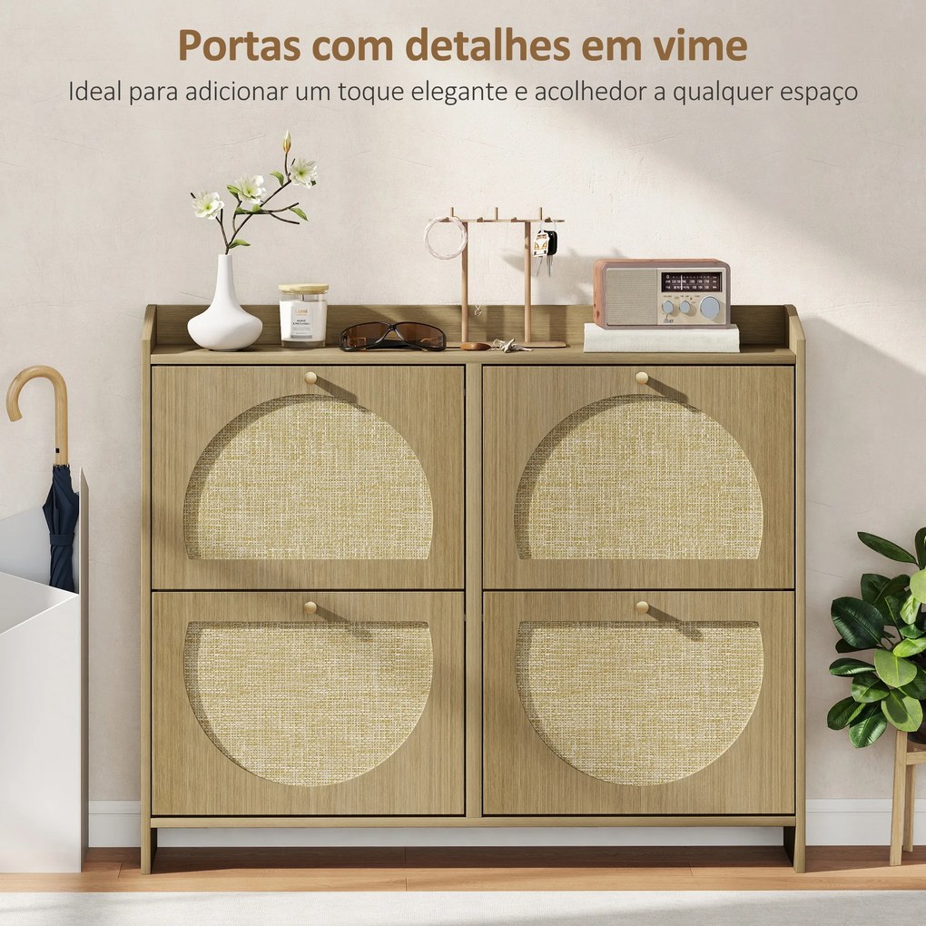 Sapateira Estreita com 4 Portas de Vime Sapateira para Entrada com Prateleiras Ajustáveis para 16 Pares de Sapatos 104,5x24x88 cm Madeira