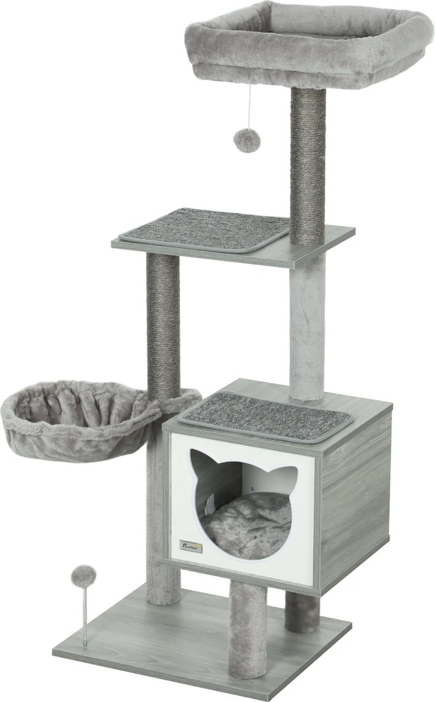 Arranhador para gatos com arranhadores, vários acessórios, casinha, rede, peluche, sisal natural curto, 48x40x126 cm, cinzento