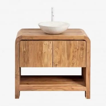 Conjunto De Móvel De Casa De Banho Em Madeira Vacry Castanho Acácia & Cimento Redondo Branco Ø40 Cm Zavion & Sem Espelho & Branco ↑30 Cm Com Válvula D
