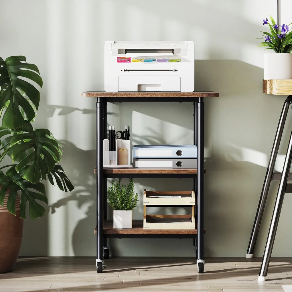 Suporte para impressora de 3 níveis 49 x 40 x 65/77 cm com 2 alturas ajustáveis Prateleiras de armazenamento Rodas universais bloqueáveis Café
