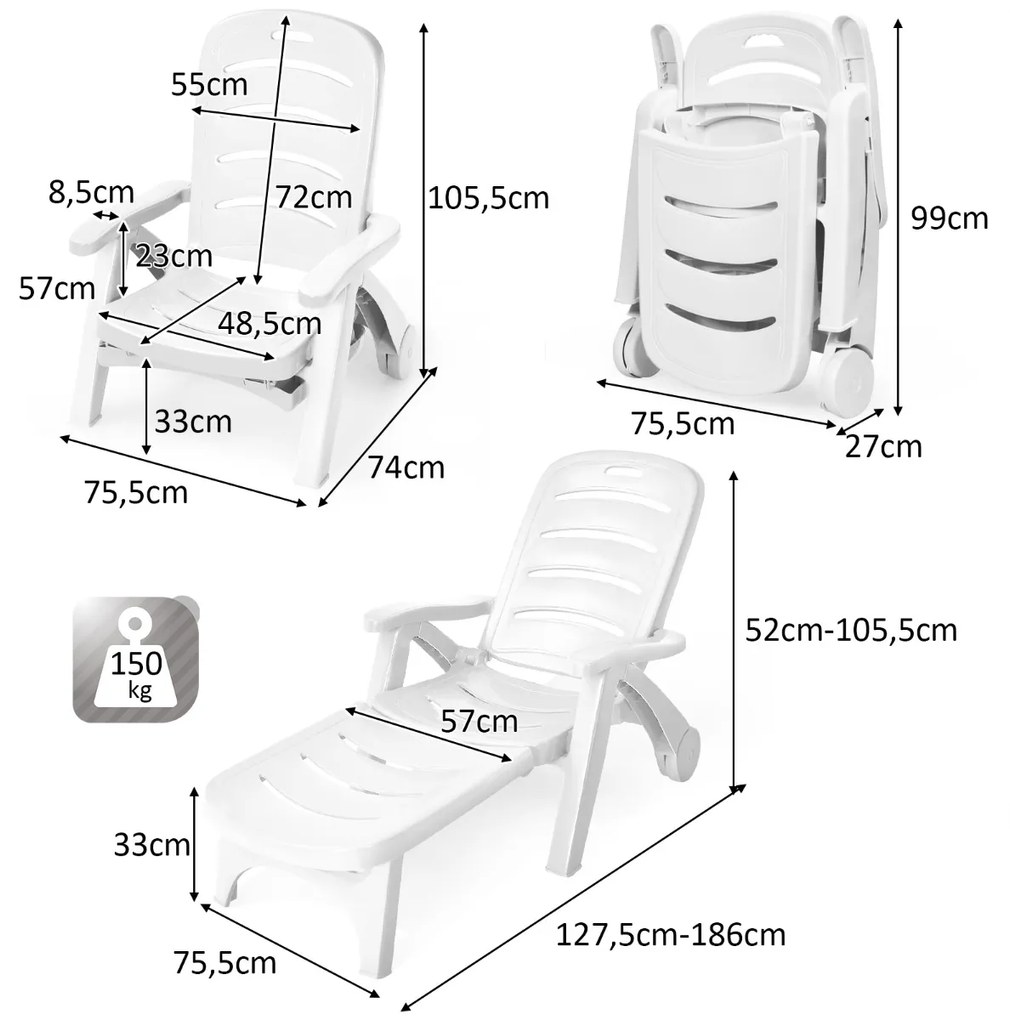 Espreguiçadeira de jardim dobrável Cadeira reclinável ajustável para exterior com 5 posições Rodas Robusta jardim Piscina Praia Branca