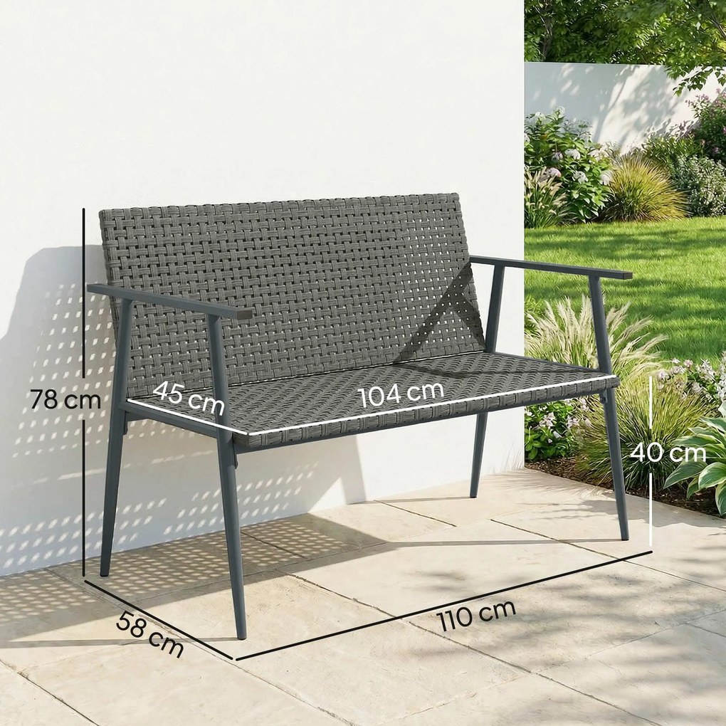 Banco de jardim de 2 lugares em resina trançada e aço 110 x 58 x 78 cm, com braços, encosto e pés ajustáveis, cinzenta