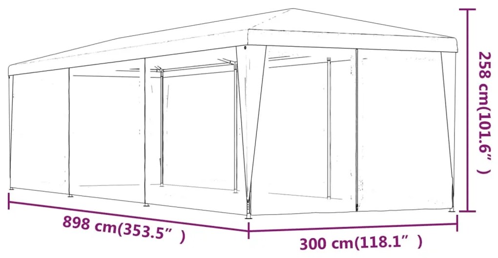Tenda p/ festas c/ 8 paredes laterais rede 3x9 m PEAD vermelho