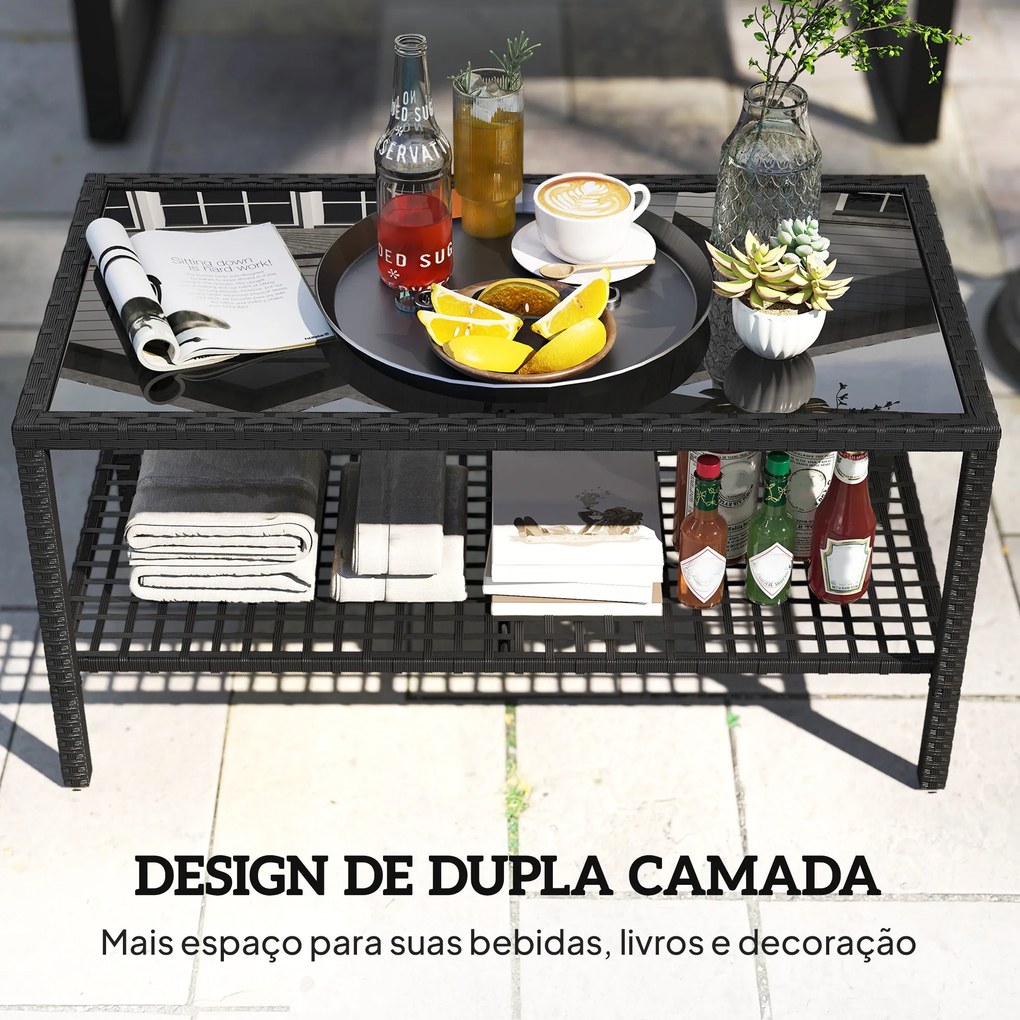 Mesa de Centro de Jardim em Ratã com Prateleira e Tampo de Vidro Temperado Estrutura de Aço 92x50x45 cm Preto