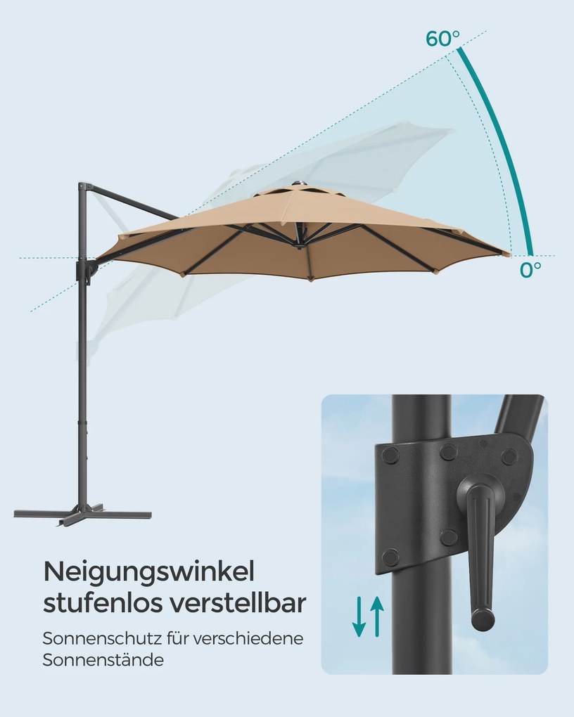 Guarda-sol jardim Ø 300 cm (PESOS NAO INCLUIDOS) UPF 50+ com manivela e base em cruz , cor castanho camelo