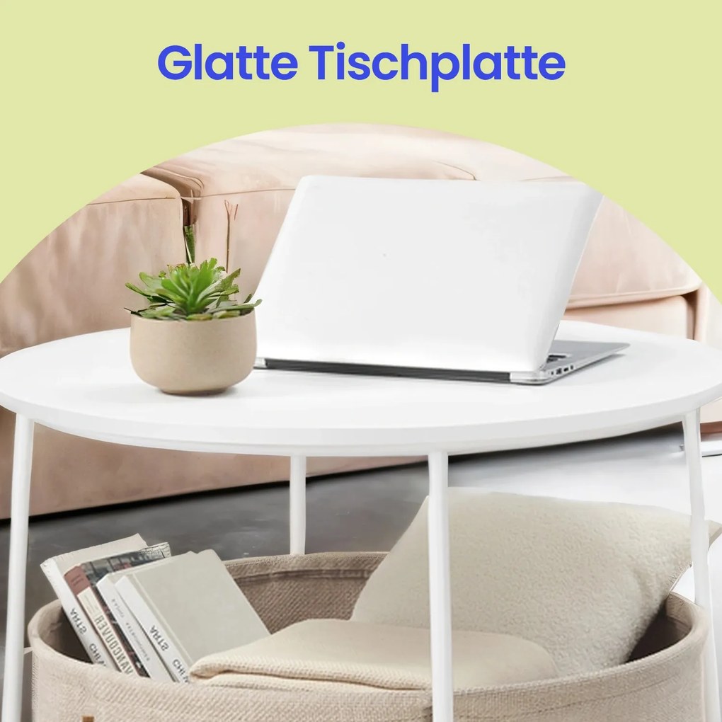 Mesa de centro 75 cm de diâmetro com cesto em tecido branco mate e castanho-camel