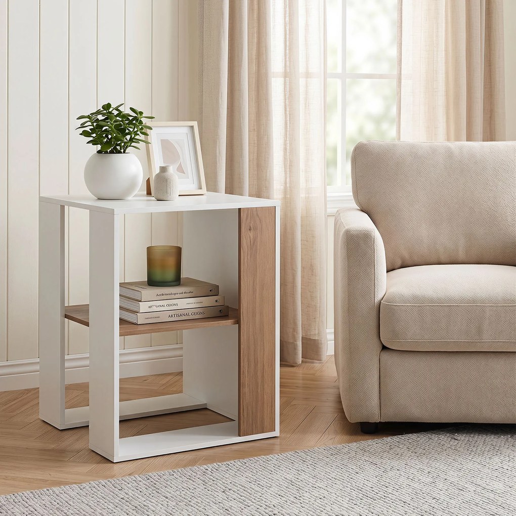 Mesa Auxiliar de 2 Níveis, 45 x 45 x 60 cm, Estante de Arrumação Aberta, Natural + Branco