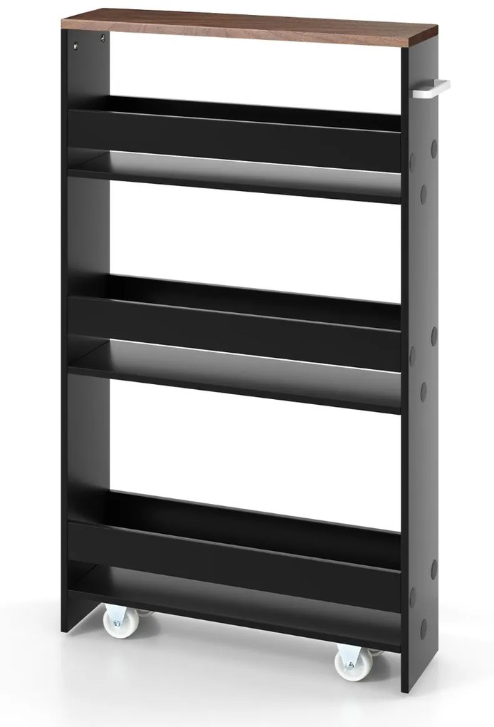 Carrinho de cozinha de armazenamento estreito para cozinha com 4 prateleiras e organizador móvel economiza espaço 48 x 13 x 81 cm Castanho + Preto