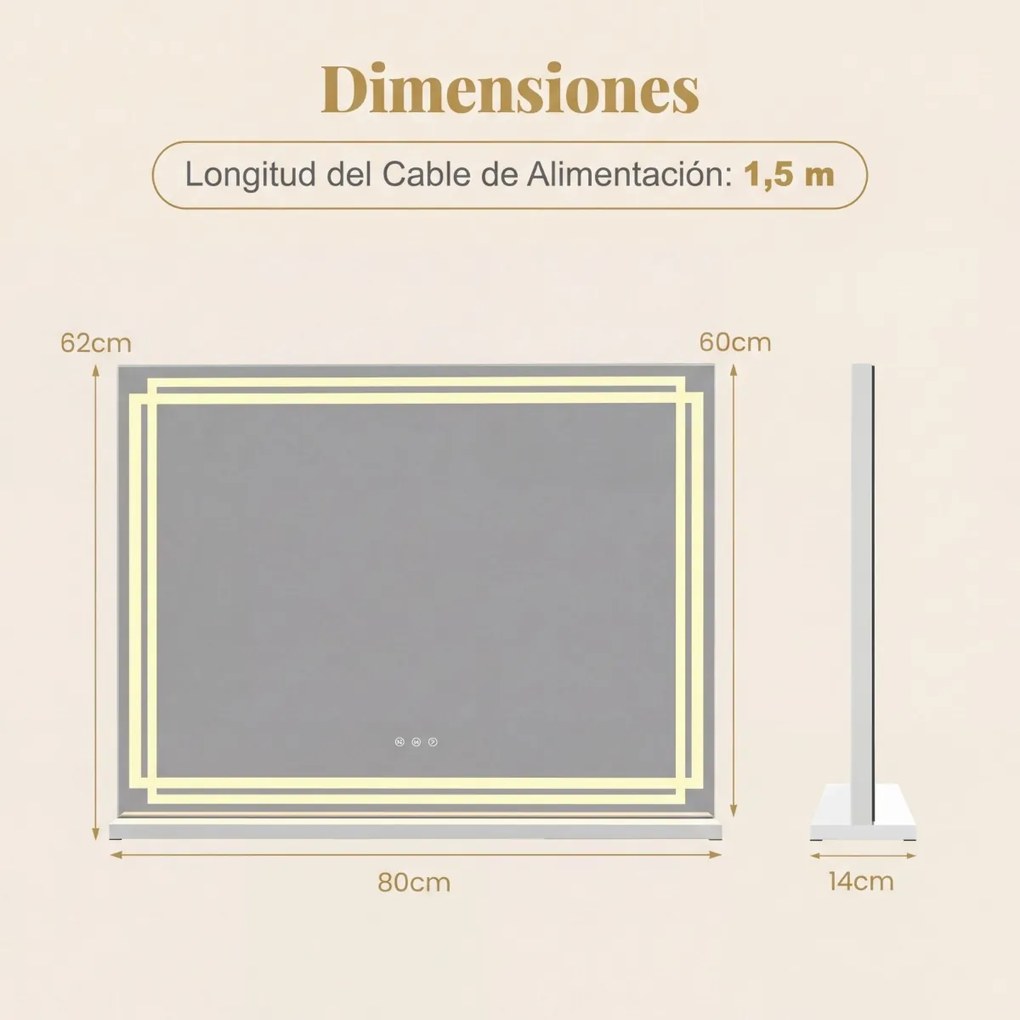 Espelho de maquilhagem com luz, 80 x 60 cm com 3 modos de iluminação regulável e controlo tátil inteligente Branco