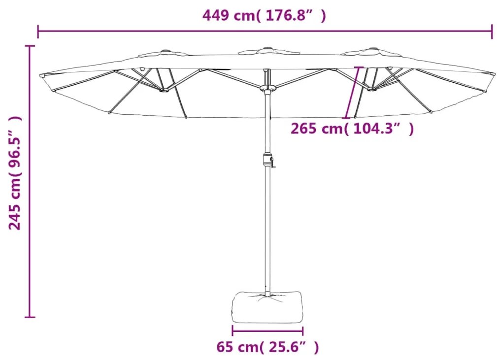 Guarda-sol de jardim c/ cabeça dupla/luzes LED 449x245 cm preto