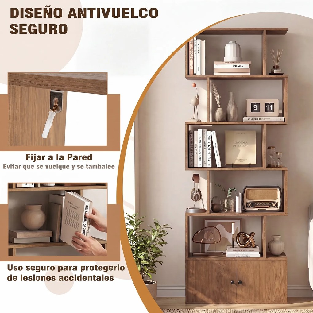 Estante de 5 Níveis com Armário de 2 Portas, 70 x 23 x 183 cm, Design em Forma de S, Natural