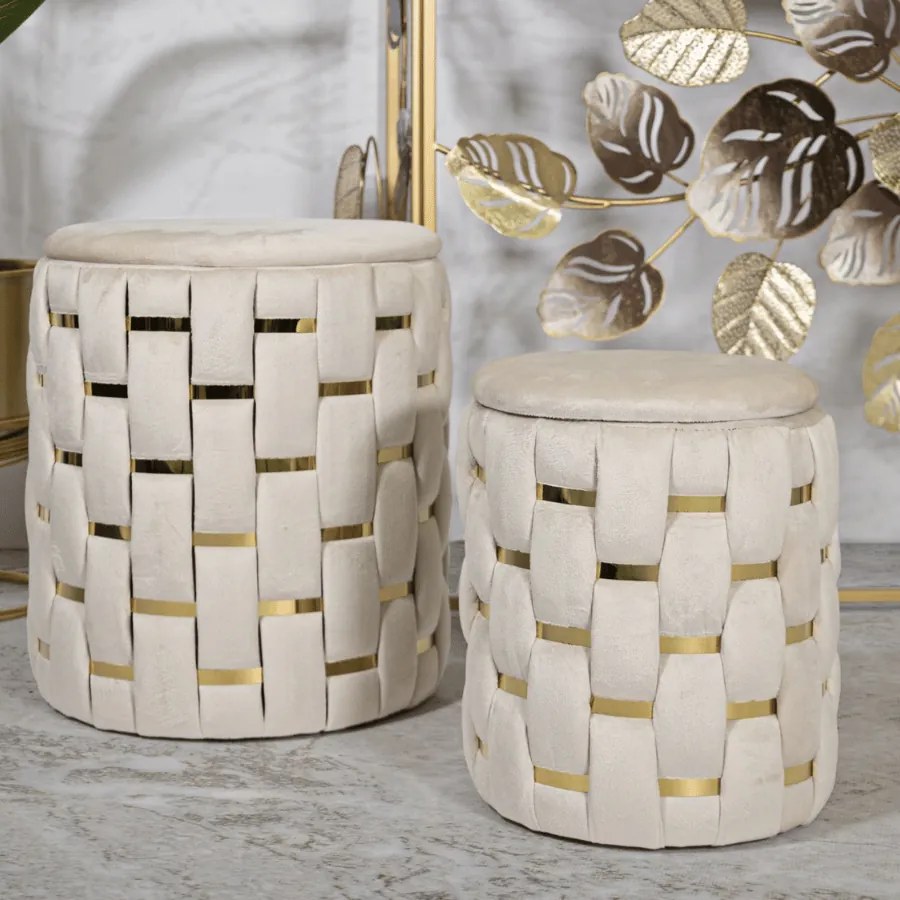 PUFE COM ARMAZENAMENTO CONJUNTO DE 2 PEÇAS Ø 37X42-28X35 CM CREME E DOURADO