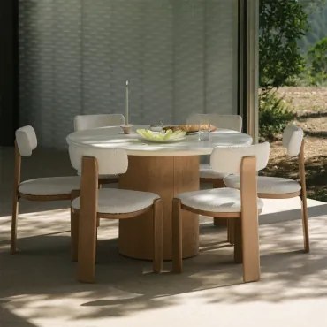 Conjunto De Mesa Redonda Ø120 Cm Em Cimento Sharpay E 6 Cadeiras De Jardim Em Madeira De Acácia E Tecido Bouclé Malta Marrom Acácia Claro - Sklum