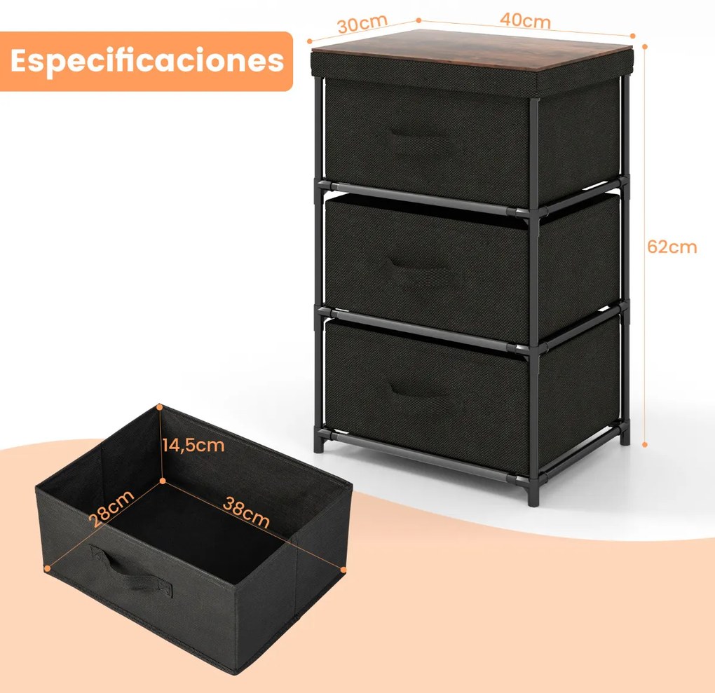 Conjunto 2 Mesas de cabeceira, mesas de apoio com 3 gavetas tecido Estrutura metálica 40 cm x 30 cm x 62 cm Preto e Castanha