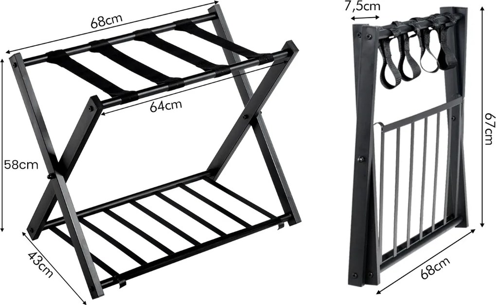 Estante dobrável de metal para bagagens até 60 kg com 4 correias estáveis e 2 pisos para casa e hotel 68 x 43 x 58 cm Preta