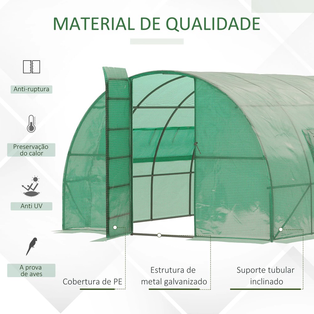 Outsunny Estufa Tipo Túnel 570x292x197cm com Porta e Janelas Estufa de Jardim Grande com Cobertura de PE e Metal Galvanizado para Cultivos de Plantas Verduras Verde