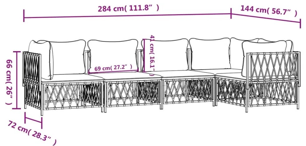 5 pcs conjunto lounge de jardim com almofadões aço branco