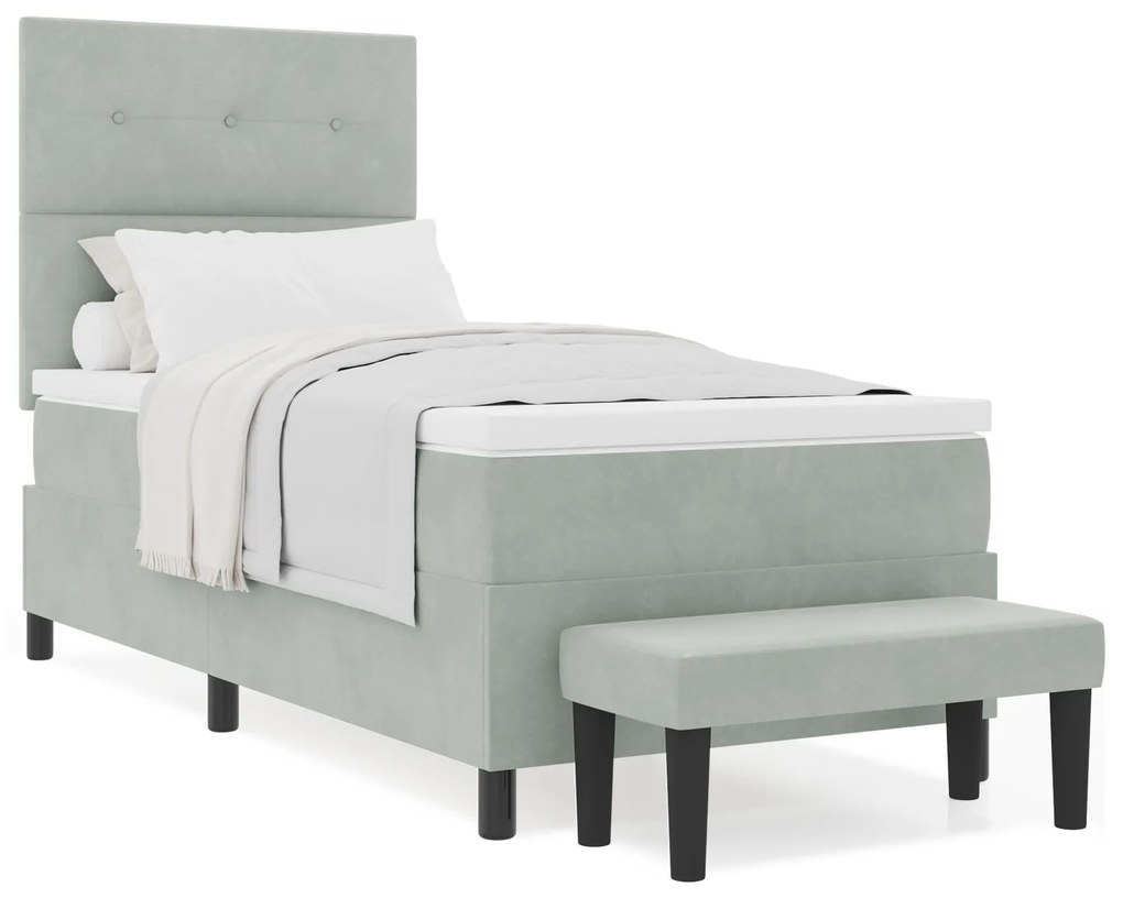 Cama Box Spring com Colchão &amp; Banco Cinza Claro 90x190 cm Veludo