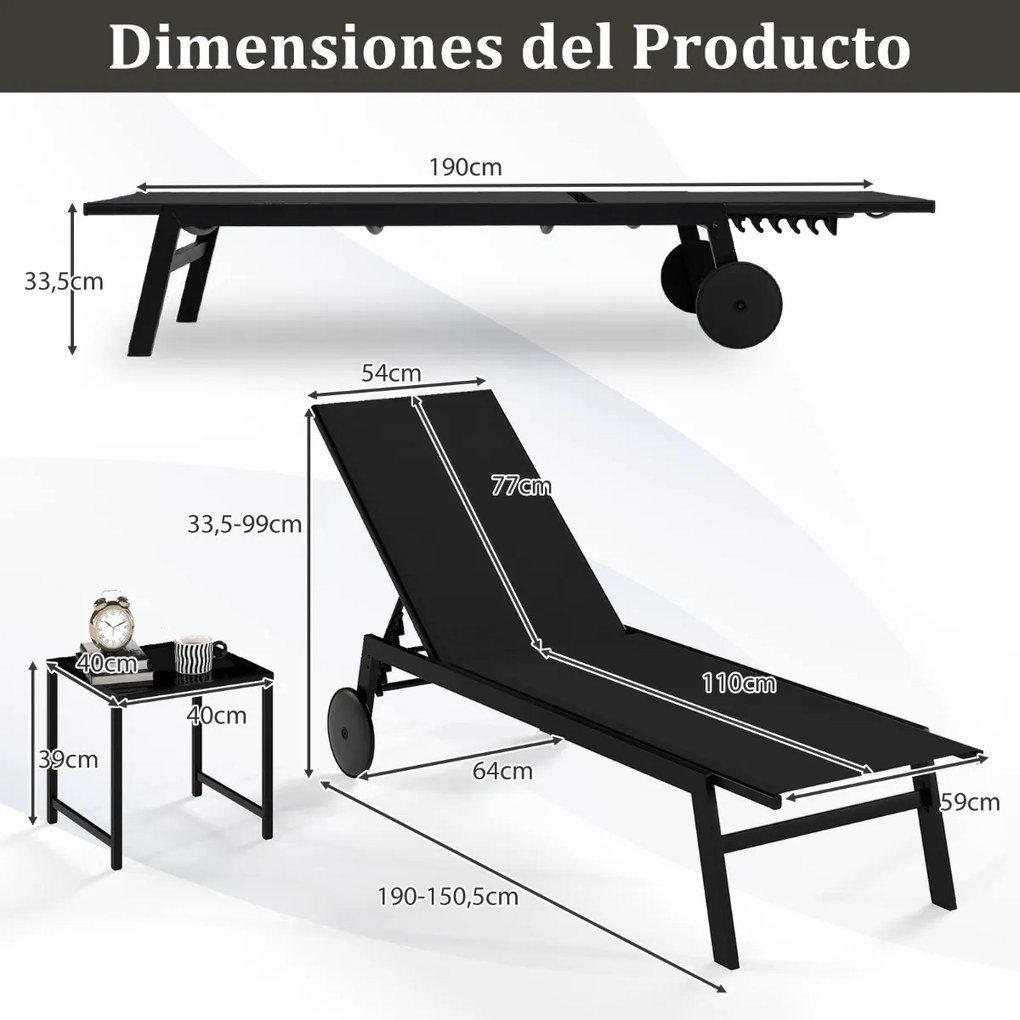 Conjunto de Espreguiçadeira jardim e Mesa de vidro temperado com Encosto ajustável com Rodas para jardim e exterior Preto