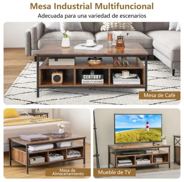 Mesa de centro 110 x 60 x 45 cm de 3 níveis com arrumação com estrutura metálica industrial Estante para sala de estar Castanho rústico