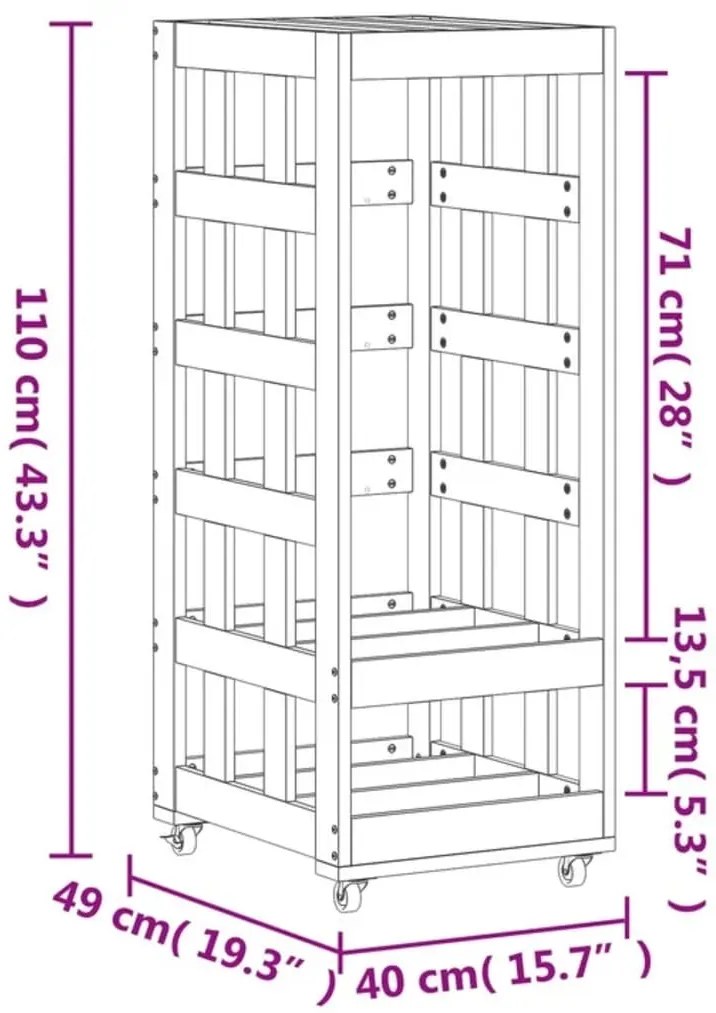 Suporte de lenha c/ rodas 40x49x110 cm pinho maciço branco
