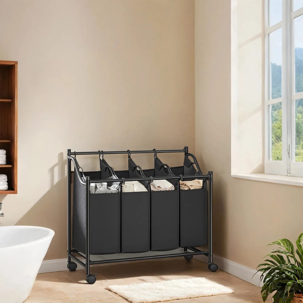 Cesto para roupa suja com rodas, 4 x 35 L, com 4 sacos removíveis 87,5 x 38,5 x 67/81 cm preto