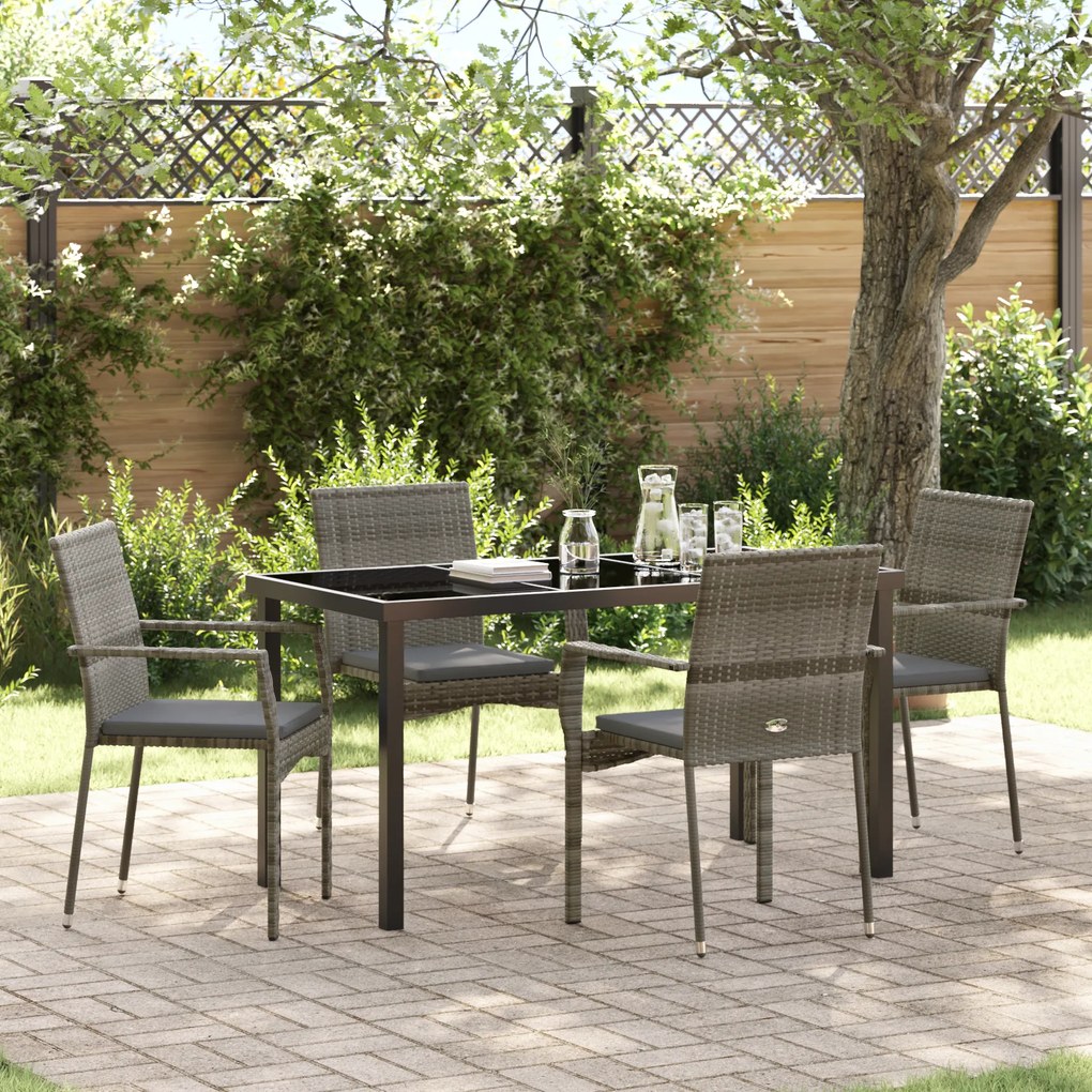 Conjunto de 5 Peças de Jantar de Jardim com Almofadas Cinza Poli Ratta