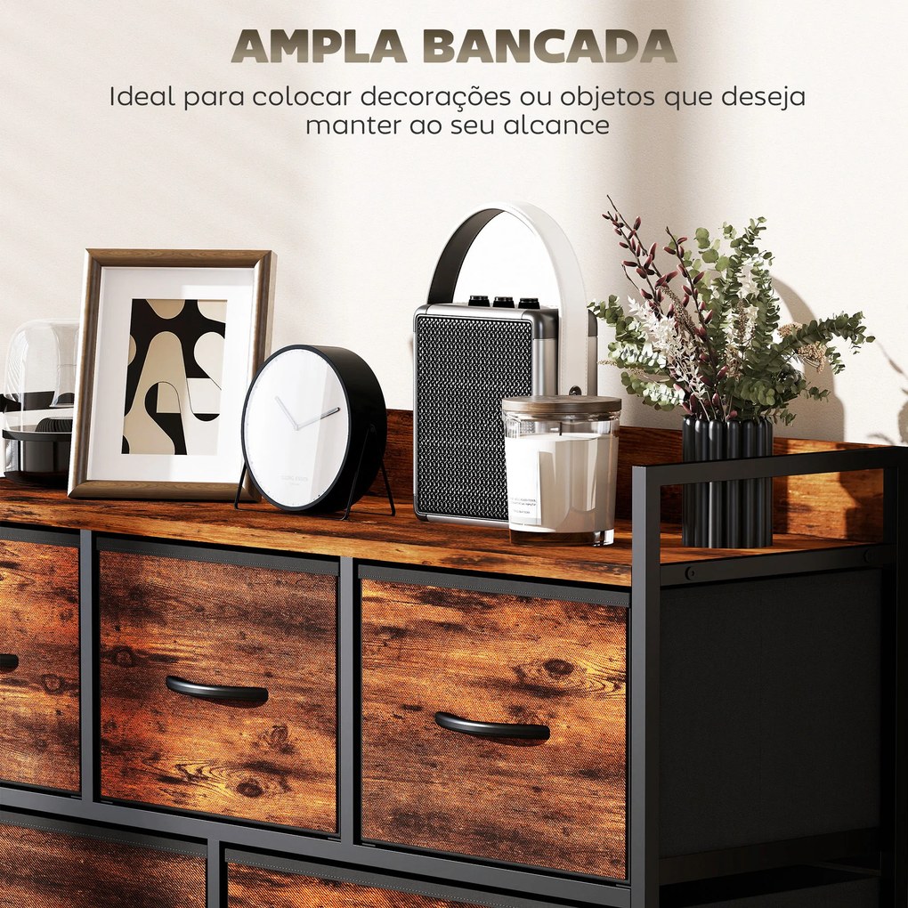 Cómoda com 5 Gavetas de Tecido Cómoda de Estilo Industrial com Estrutura Metálica para Quarto 98x29x63 cm Castanho Rústico