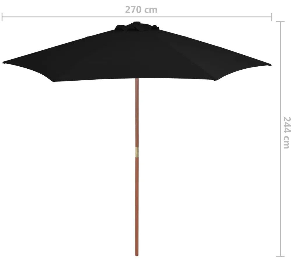 Guarda-sol de jardim com poste de madeira 270 cm preto