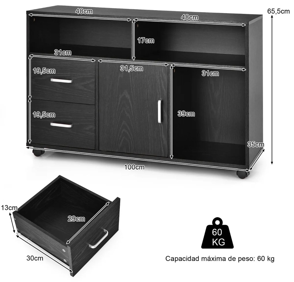 Armário com Rodas Escritório para Impressora e arquivos 100 x 35 x 65,5 cm Preto