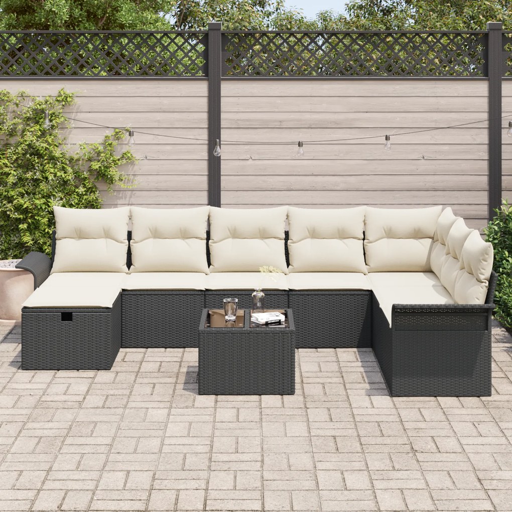Conjunto de Sofás de Jardim 9 Peças com Almofadas Preto Rattan Poli