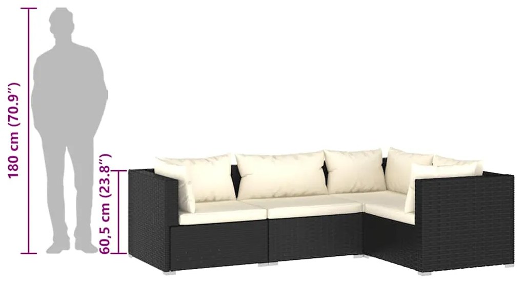 4 pcs conjunto lounge de jardim c/ almofadões vime PE preto