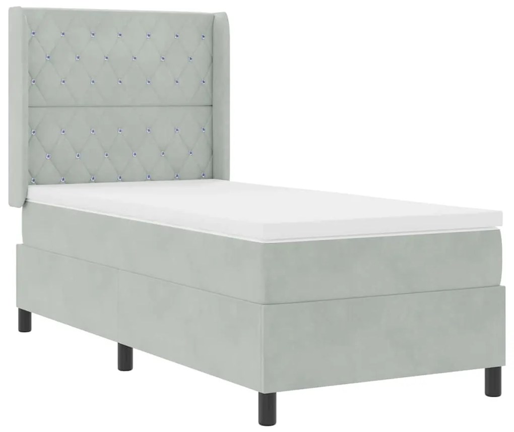 Cama Box com Colchão &amp; Luz LED Cinza Claro 90x190 cm Veludo