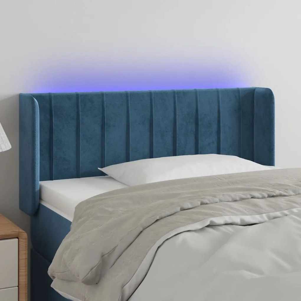 Cabeceira de cama c/ luzes LED veludo 93x16x78/88cm azul-escuro