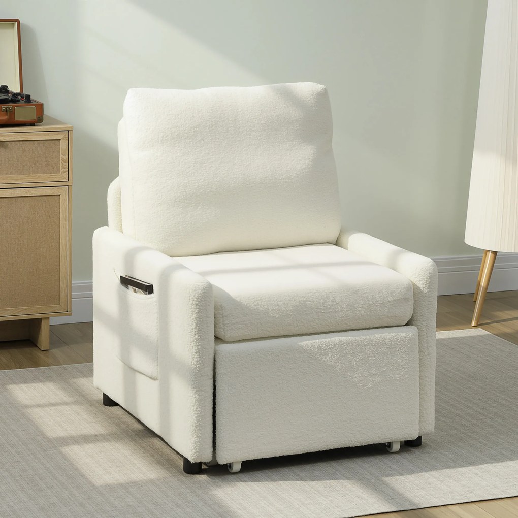 Poltrona-Cama Convertível de 1 Lugar, 85,5 x 72 x 91 cm, Arrumação Escondida, Creme