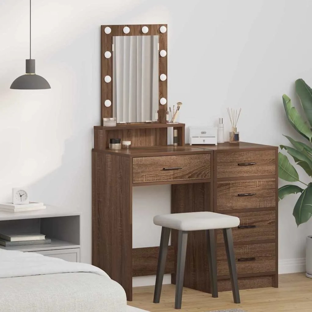 Mesa de Maquiagem vidaXL com Luzes LED Castanho Carvalho 50x41x140 cm