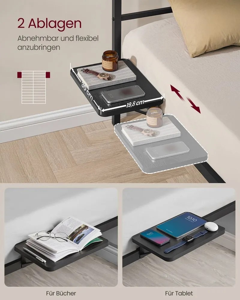 Estrutura de cama de casal 140 x 200 cm (COLCHÃO NÃO INCLUIDO) em metal com prateleiras de arrumação Preto