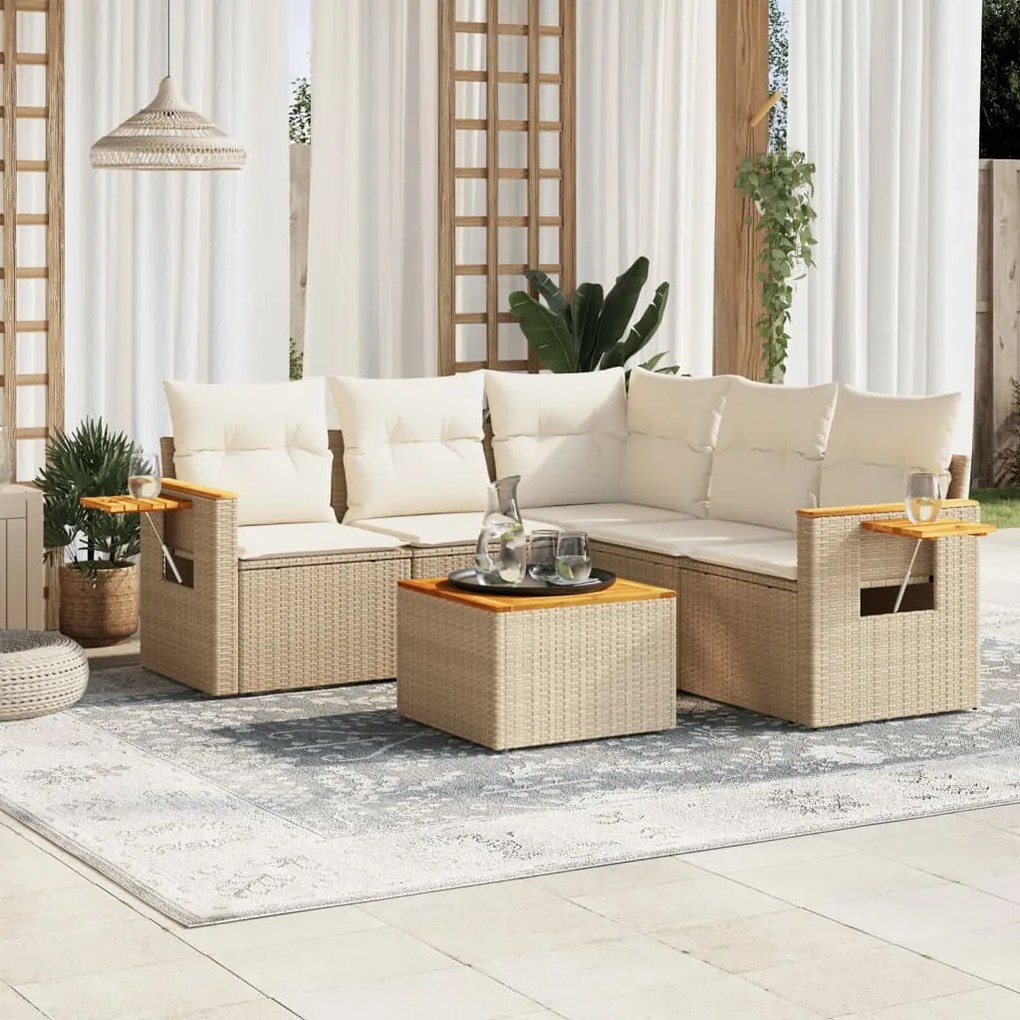 6 pcs conjunto de sofás p/ jardim com almofadões vime PE bege