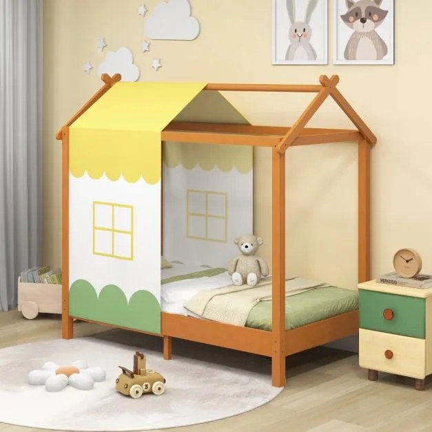 Cama de criança com toldo Plataforma de teatro Toldo amovível 12 ripas de madeira maciça para dormir 70 x 140 cm