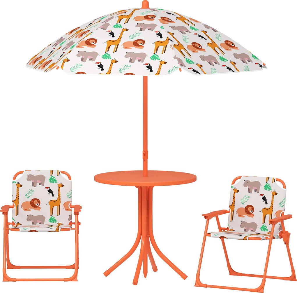 Conjunto de jardim infantil, mesa infantil com 2 cadeiras dobráveis e guarda-sol de Ø 100 cm, com motivos de animais, cor laranja