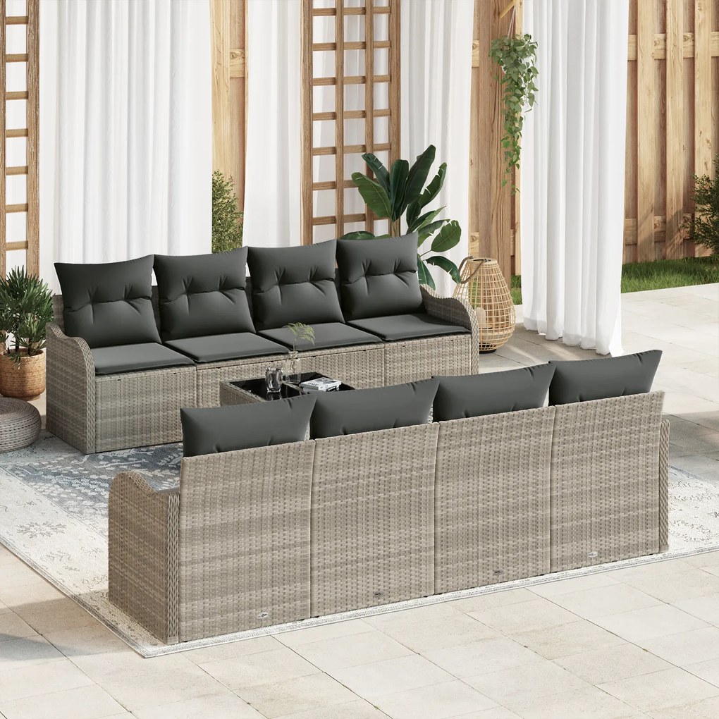 Conjunto de Sofá de Jardim vidaXL de 9 Peças com Almofadas Cinza Claro Vime Polipropileno