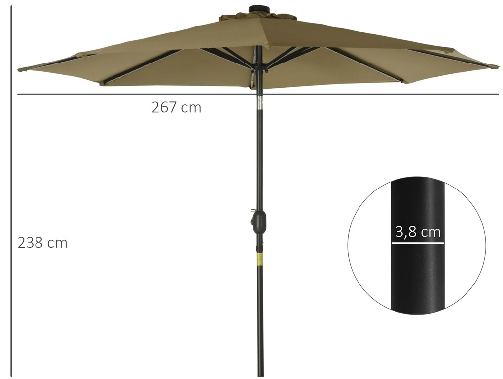 Chapéu de Sol de Jardim Ø268x238cm com 24 Luzes LED Solar Mecanismo de