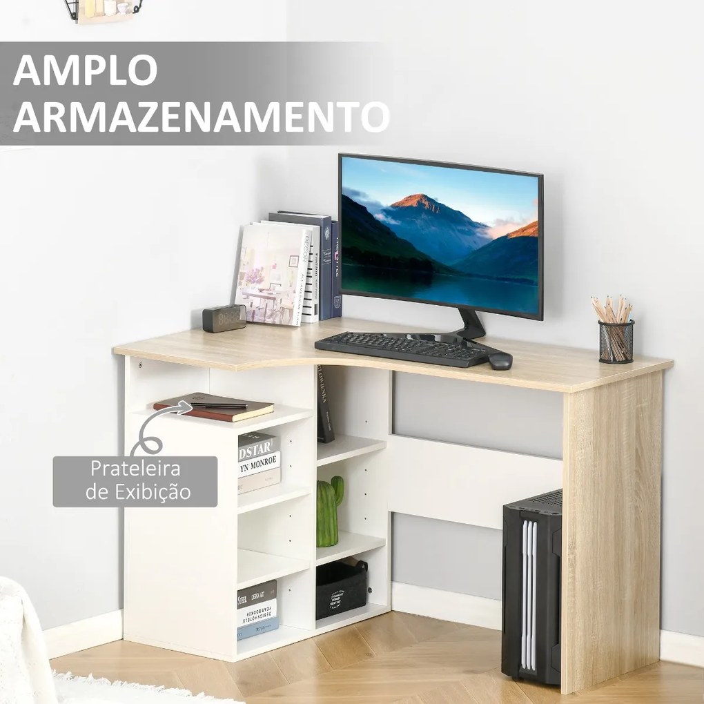 Secretária de Canto Secretária em Forma de L com Prateleiras Ajustáveis para Escritório Casa Estúdio 120x70x75cm Branco e Carvalho
