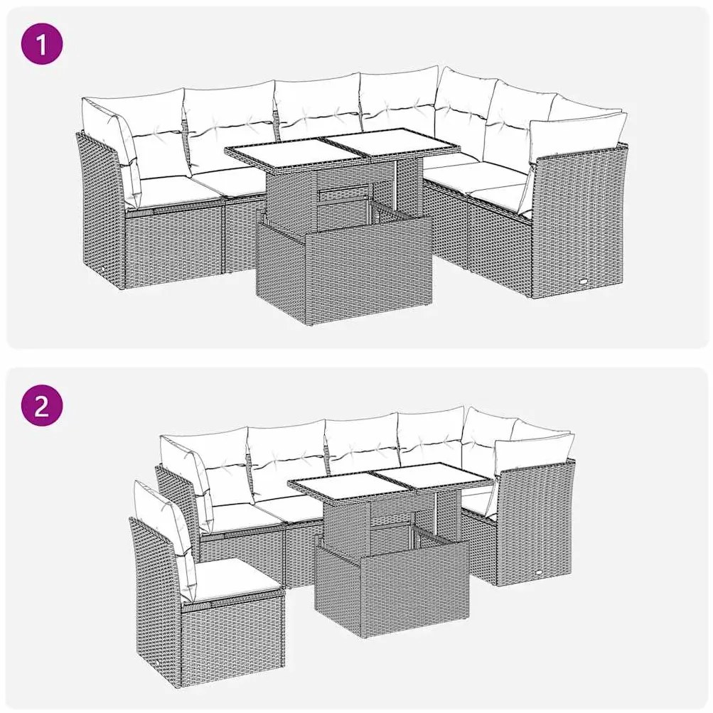 7 pcs conj. sofás jardim com almofadões vime PE cinzento-claro
