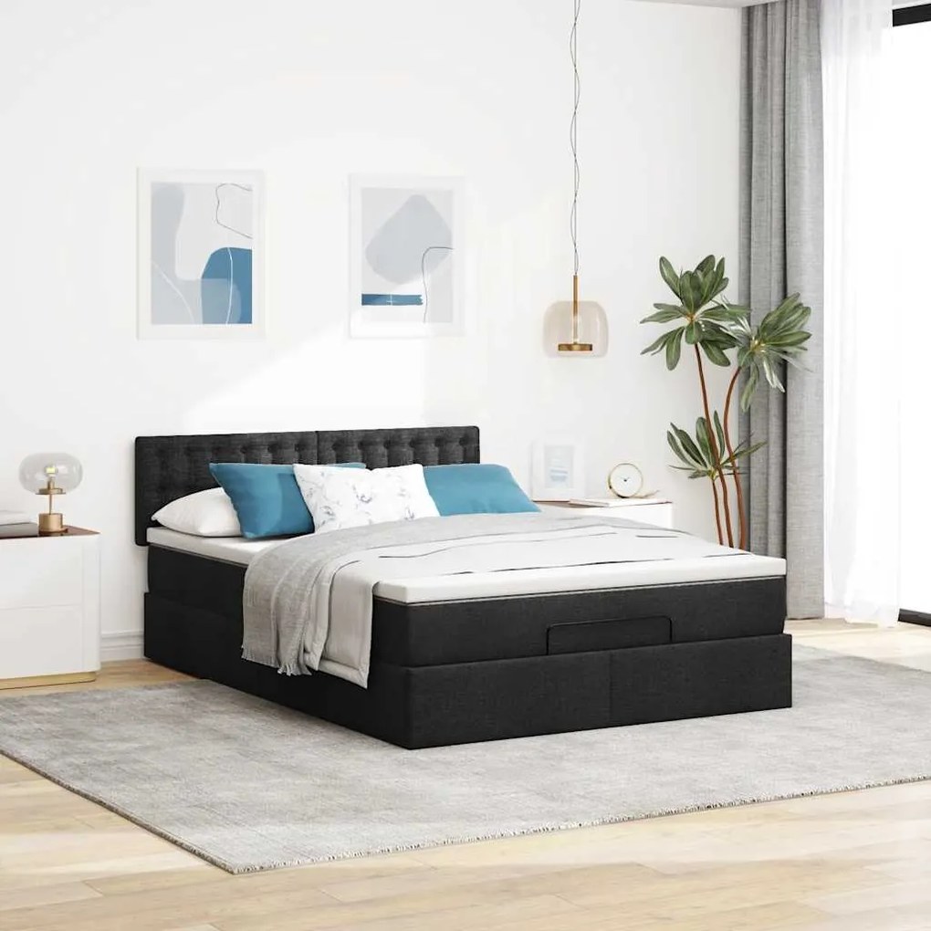 Cama otomana com colchão 140x190 cm tecido preto
